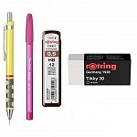 Set Rotring, 4 piese (creion mecanic Tikki, mine 0.5 mm, radiera, pix), diverse culori