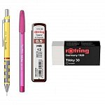 Set Rotring, 4 piese (creion mecanic Tikki, mine 0.5 mm, radiera, pix), diverse culori