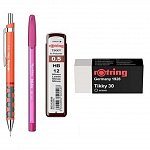 Set Rotring, 4 piese (creion mecanic Tikki, mine 0.5 mm, radiera, pix), diverse culori