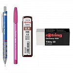 Set Rotring, 4 piese (creion mecanic Tikki, mine 0.5 mm, radiera, pix), diverse culori