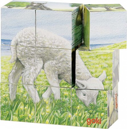 Cuburi puzzle Goki,animale ferma,lemn,9cub