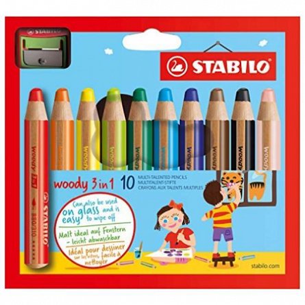 Creioane colorate Stabilo Woody 3in1, set 10 culori, cutie