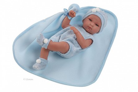 Papusa bebe Llorens,cu paturica,bleu,33 cm