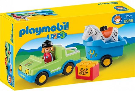 Playmobil-1.2.3. Masina, remorca si cal