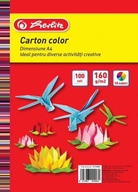 Carton colorat Herlitz, set 100 coli, A4, 160 g-mp, diverse culori