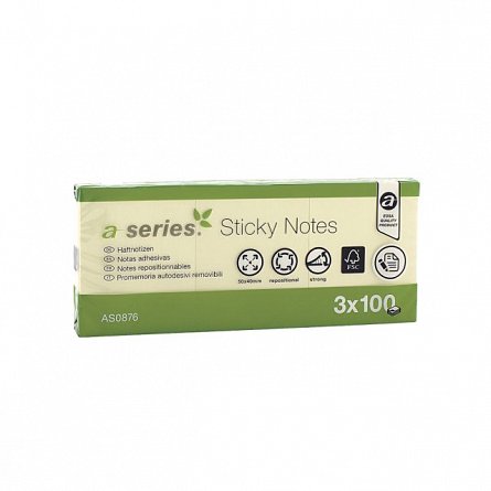 Notite adezive A-Series, 50 x 40 mm, 100 file, galben, 3buc/set