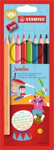 Creioane colorate Stabilo Jumbo, set 8 culori, cu ascutitoare