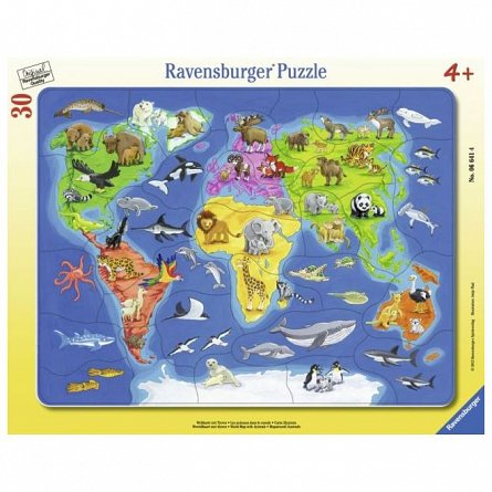 Puzzle harta lumii,cu animale,30pcs
