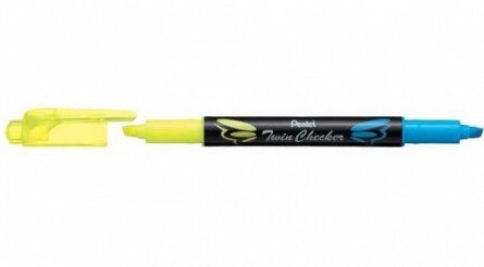 Textmarker Pentel Twin Checker, varf tesit, 2 varfuri albastru plus galben