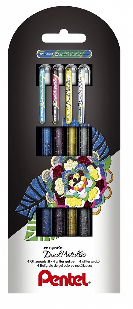 Rollere Pentel Hybrid Dual Metallic, 1 mm, set 4 culori negru, albastru, auriu, argintiu