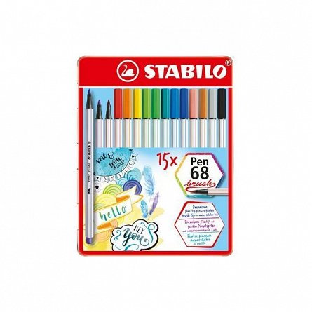 Markere varf pensula Stabilo Pen 68 Brush Standard, set 15 culori, cutie metalica