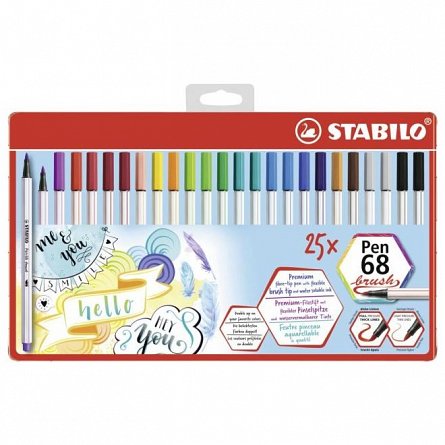 Markere varf pensula Stabilo Pen 68 Brush, set 25 culori, cutie metalica
