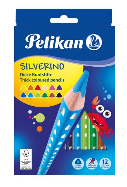 Creioane colorate Pelikan Silverino Jumbo, set 12 culori, triunghiulare