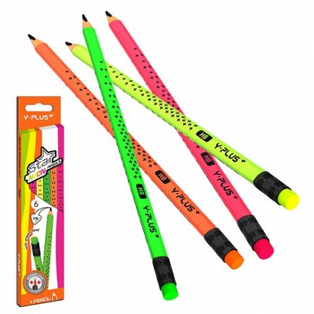 Creion grafit Y-Plus,HB,radiera,neon,6buc/set