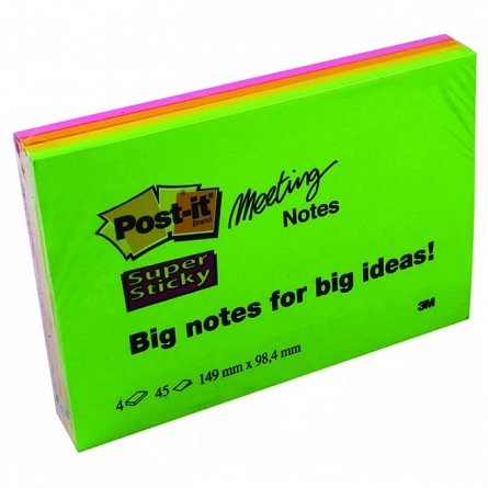 Notite adezive Post-it, set 4 bucati, 152 mm x 101 mm, 4 x 45 file, Super Sticky Meeting, color