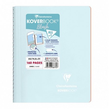 Caiet cu spira A5, 80 file, 90 g-mp, dictando, coperta PP, Koverbook, Blush Ice Blue