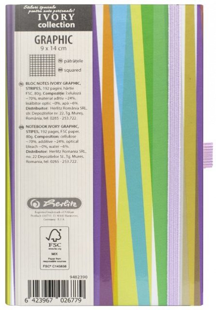 Agenda 9 x 14 cm, Herlitz, elastic, 96 file, mate, Stripes