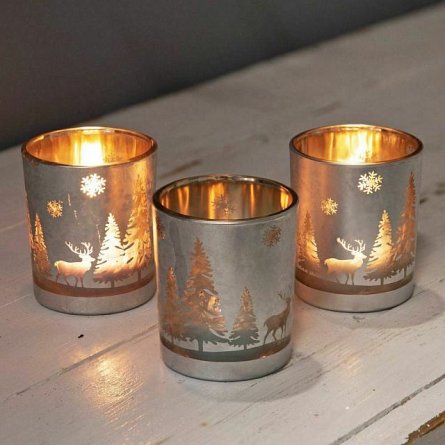 Set of 3 Silver Forest Scene Candle Holders