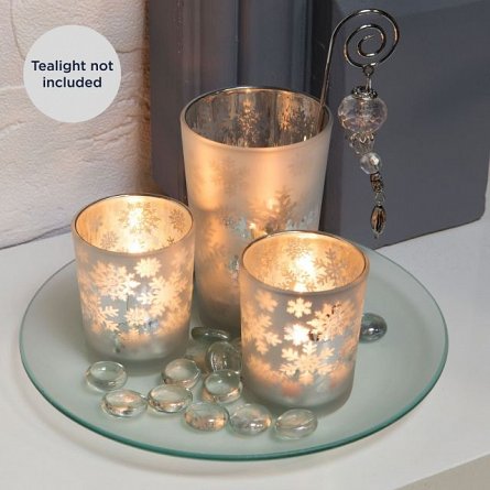 Set of 3 Silver Tealight Holders on Glass Tray & Stones