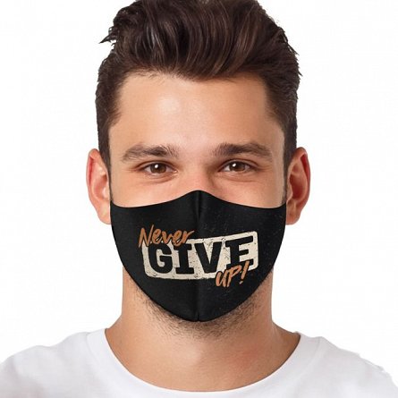 Masca de protectie din textil, "Never Give Up", cu filtru de protectie, pentru barbati