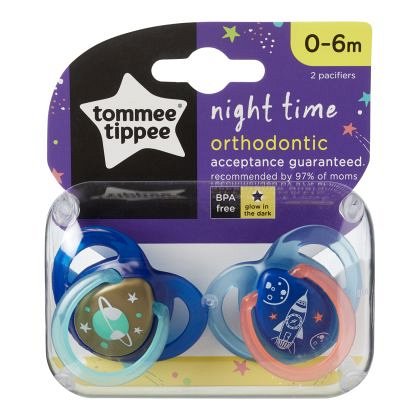 Tommee Tippee, Suzeta ortodontica de noapte, 2buc, 0-6luni, racheta albastra