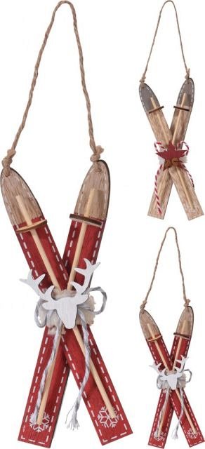 Ornament schiuri rosii de lemn cu agatatoare, 18 cm