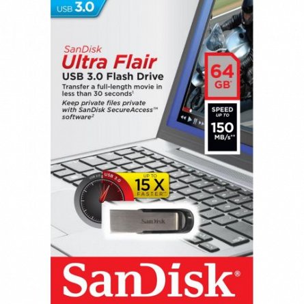 Stick Mem. USB3.0 SanDisk Ultra Flair, 64GB, 150MB/s citire, negru