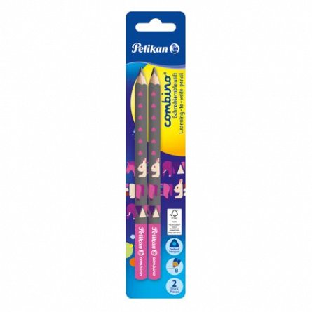 Creion grafit Pelikan, set 2 bucati, B, fara radiera, Combino Invat sa scriu, roz