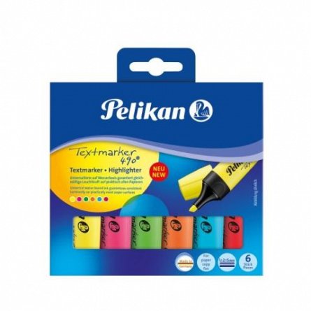 Textmarker Pelikan 490, set 6 bucati, fluo rosu, albastru, galben, roz, verde, portocaliu