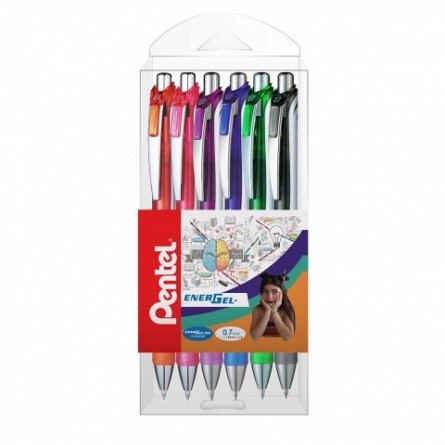 Roller Pentel EnerGel BL77, cu mecanism, 0.7 mm, set 6 bucati, 6 culori