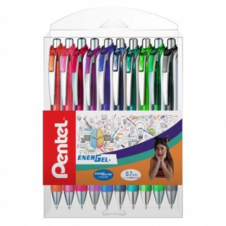 Roller Pentel EnerGel BL77, cu mecanism, 0.7 mm, set 10 bucati, 10 culori