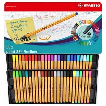 Liner Stabilo Point 88, 0.4 mm, set 50 bucati, cutie metalica