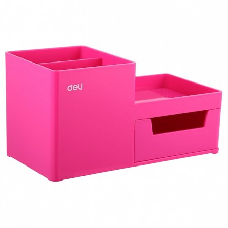 Suport accesorii pentru birou Deli, 3 compartimente, 1 sertar, roz