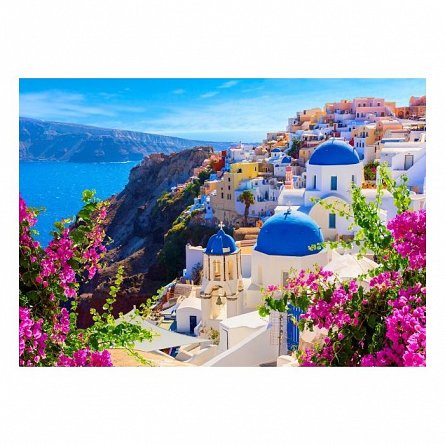 Puzzle Enjoy - Santorini View with Flowers, Greece, 1000 piese