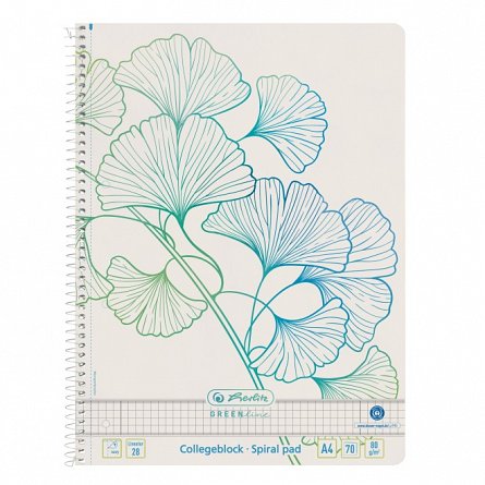 Caiet cu spira A4, 70 file, mate, perforatii, Herlitz GREENline Ginkgo