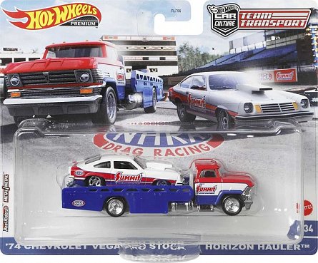 Transportator Hot Wheels - Horizon Hauler cu masinuta Chevrolet Vegas Stock 74, 1:64