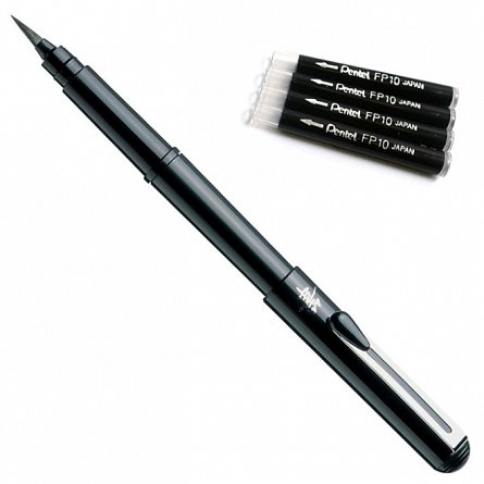 Pensula cu cerneala Pentel Pocket Brush, 4 rezerve FP10, negru