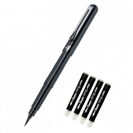 Pensula cu cerneala Pentel Pocket Brush, 4 rezerve FP10, negru