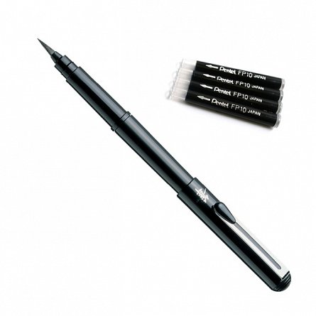 Pensula cu cerneala Pentel Pocket Brush, 4 rezerve FP10, negru