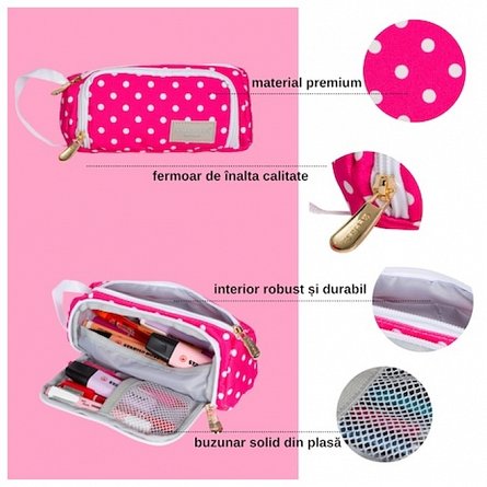 Penar Geeksta Design, 20 x 10 cm, 2 fermoare, roz cu buline albe