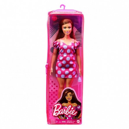 Papusa Barbie Fashionistas - satena cu rochie roz cu buline