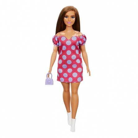 Papusa Barbie Fashionistas - satena cu rochie roz cu buline