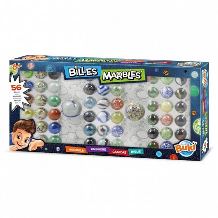 Bile de sticla Buki France, set 56 bucati, 2 dimensiuni, diverse culori, plus 6Y