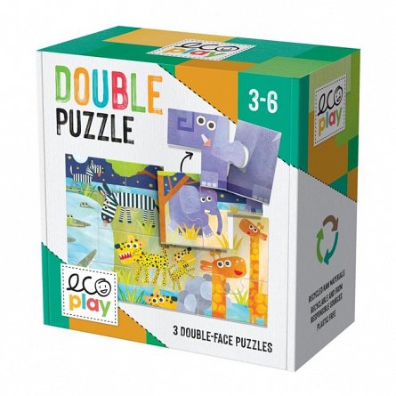 Headu Ecoplay - Puzzle Double Puzzle, set 15 puzzle-uri x 2 piese, 3-6 ani