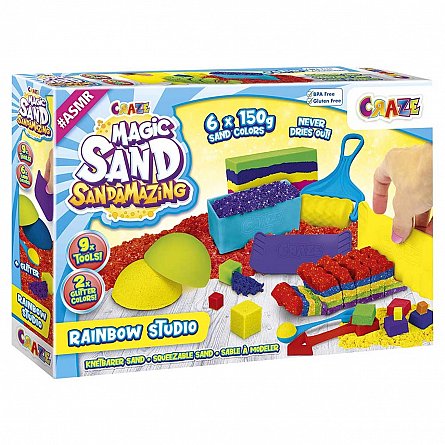 Craze Magic Sand - Nisip kinetic, Sandamazing Rainbow Studio, set 6 x 150 g, 7 accesorii