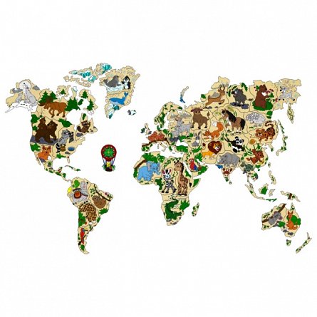 Puzzle 3D din lemn, Harta lumii cu animale XL, 64 piese, WM515 Wooden.City