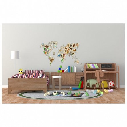 Puzzle 3D din lemn, Harta lumii cu animale XL, 64 piese, WM515 Wooden.City