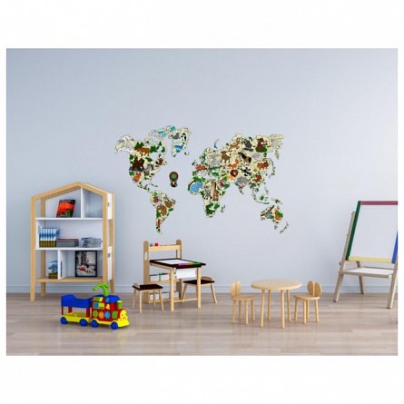Puzzle 3D din lemn, Harta lumii cu animale XL, 64 piese, WM515 Wooden.City