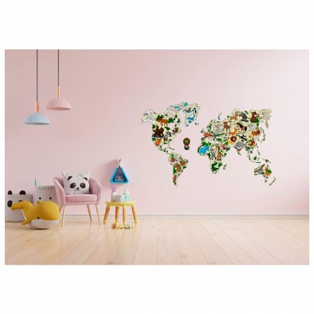 Puzzle 3D din lemn, Harta lumii cu animale XL, 64 piese, WM515 Wooden.City