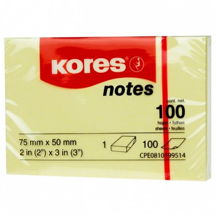 Notite adezive Kores, 50 x 75 mm, 100 file, galben
